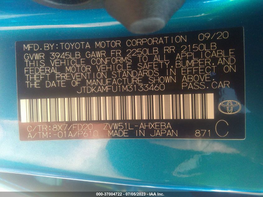 2021 TOYOTA PRIUS L - JTDKAMFU1M3133460