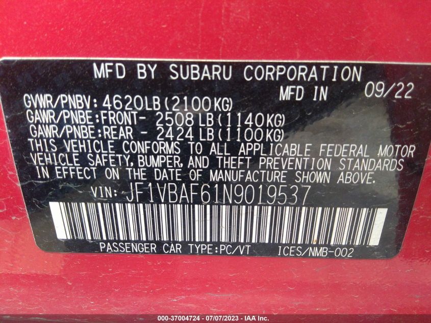 2022 SUBARU WRX PREMIUM - JF1VBAF61N9019537
