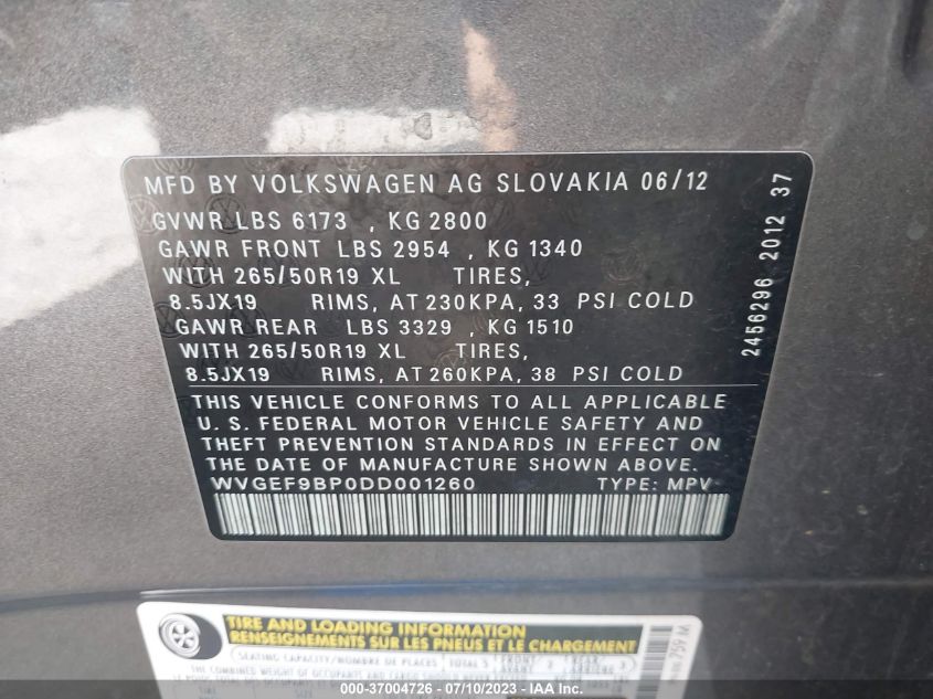 2013 VOLKSWAGEN TOUAREG LUX - WVGEF9BP0DD001260