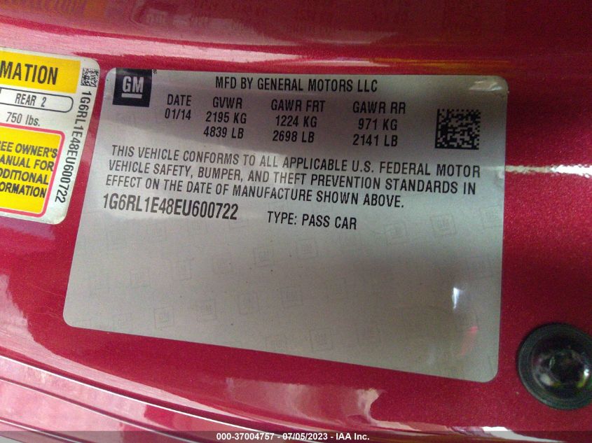 2014 CADILLAC ELR 1G6RL1E48EU600722