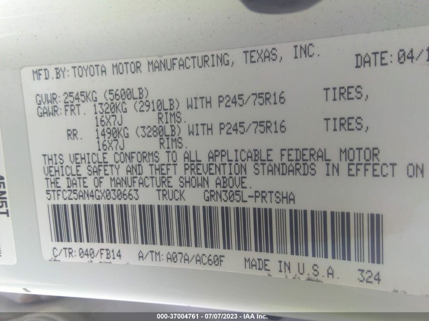 2016 TOYOTA TACOMA SR/SR5/TRD SPORT - 5TFCZ5AN4GX030663