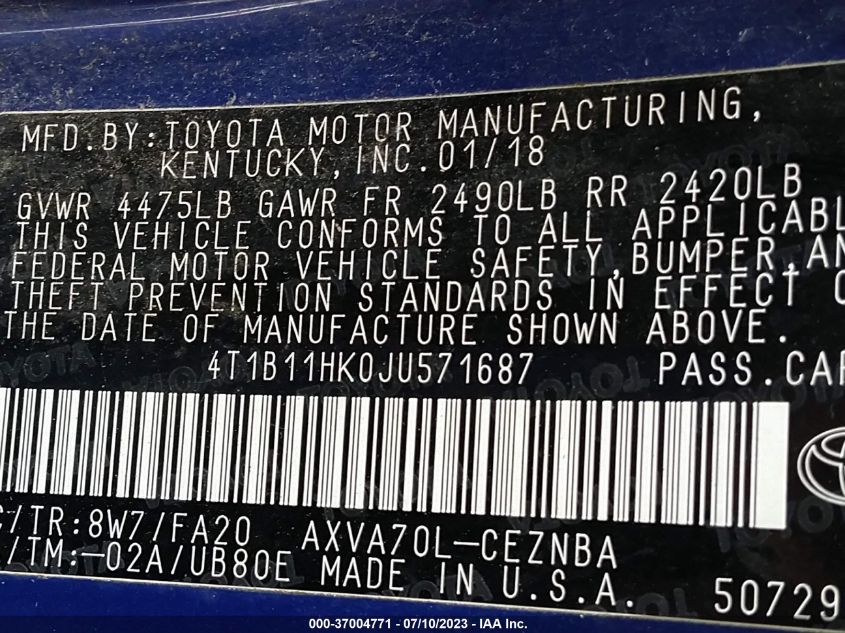 2018 TOYOTA CAMRY LE/SE/XLE/L - 4T1B11HK0JU571687