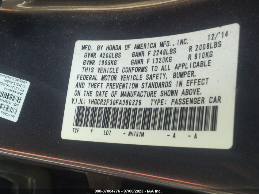 2015 HONDA ACCORD SEDAN LX - 1HGCR2F30FA080226