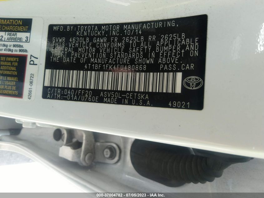 2015 TOYOTA CAMRY XLE/SE/LE/XSE - 4T1BF1FK4FU480868