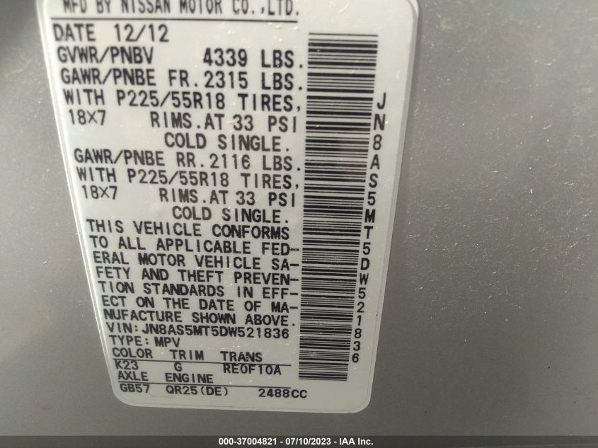 2013 NISSAN ROGUE SL - JN8AS5MT5DW521836