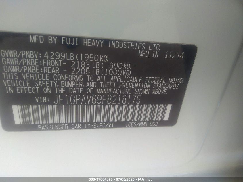 2015 SUBARU IMPREZA WAGON 2.0I SPORT LIMITED - JF1GPAV69F8218175