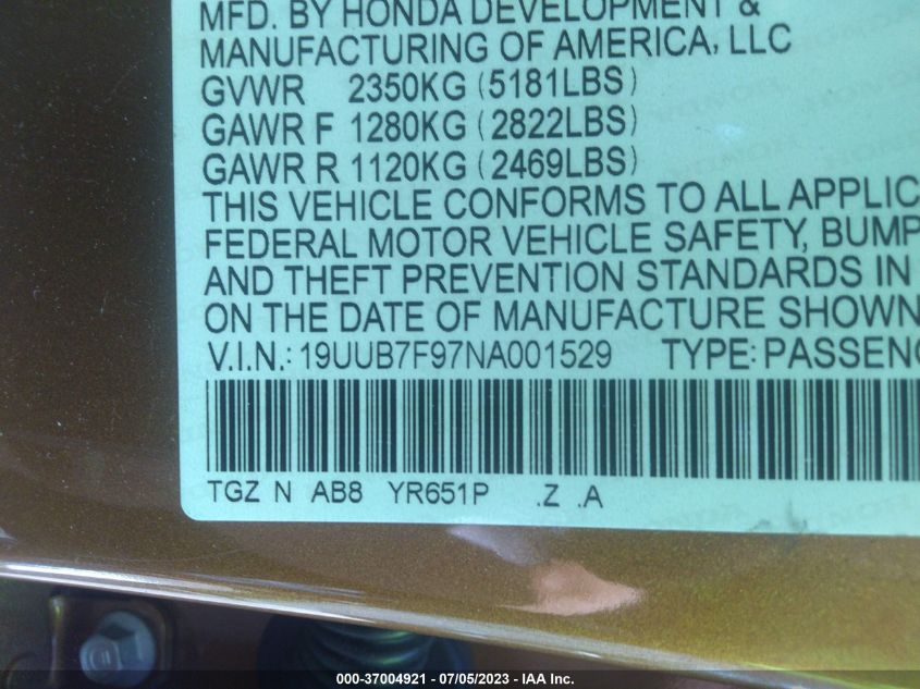 2022 ACURA TLX TYPE S W/PERFORMANCE TIRE - 19UUB7F97NA001529