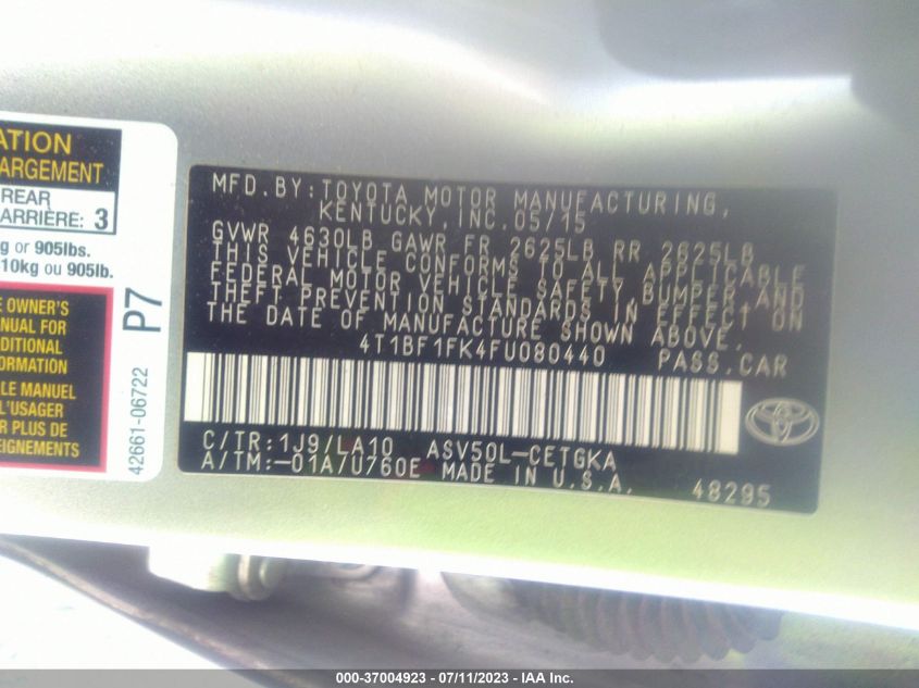 2015 TOYOTA CAMRY XLE/SE/LE/XSE - 4T1BF1FK4F4080440