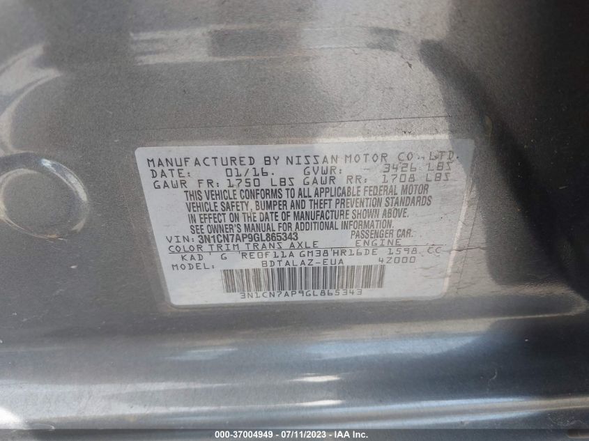 2016 NISSAN VERSA S/S PLUS/SV/SL - 3N1CN7AP9GL865343