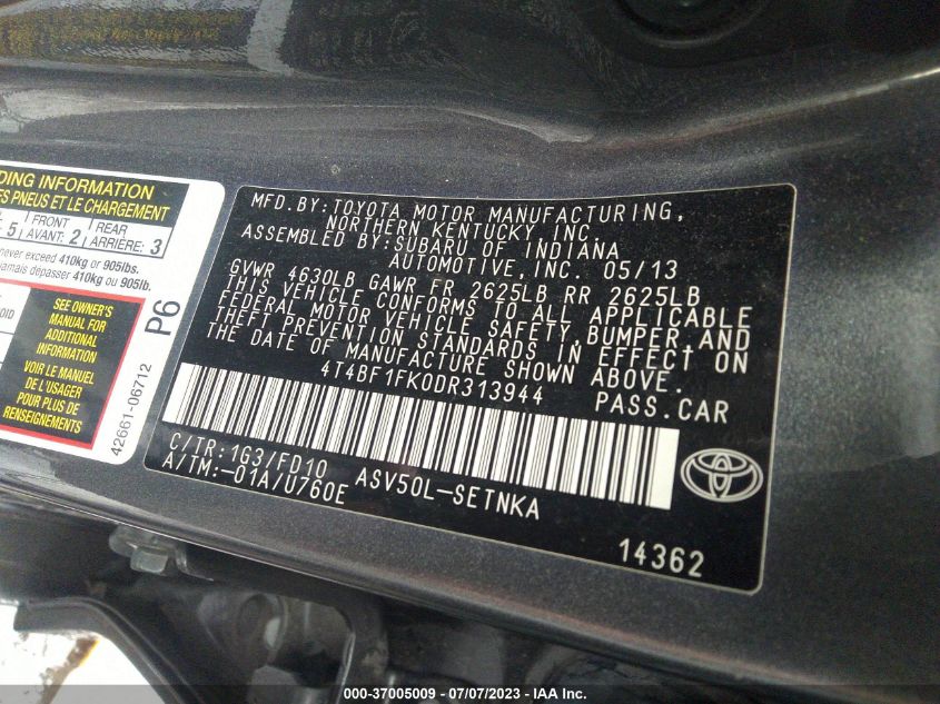 2013 TOYOTA CAMRY L/LE/SE/XLE - 4T4BF1FK0DR313944