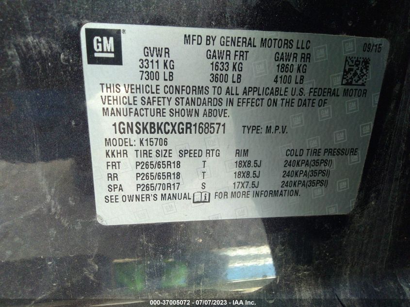 2016 CHEVROLET TAHOE LT - 1GNSKBKCXGR168571