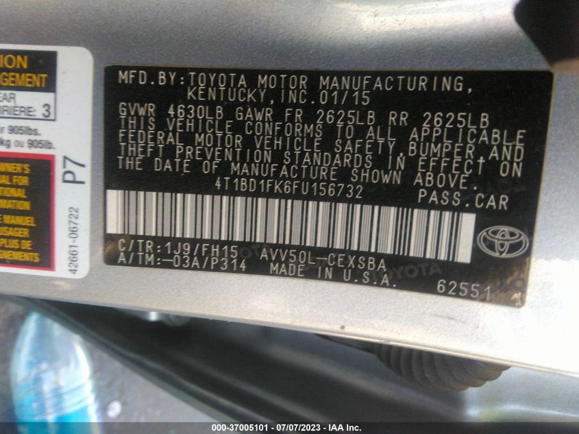 2015 TOYOTA CAMRY HYBRID LE/XLE/SE - 4T1BD1FK6FU156732