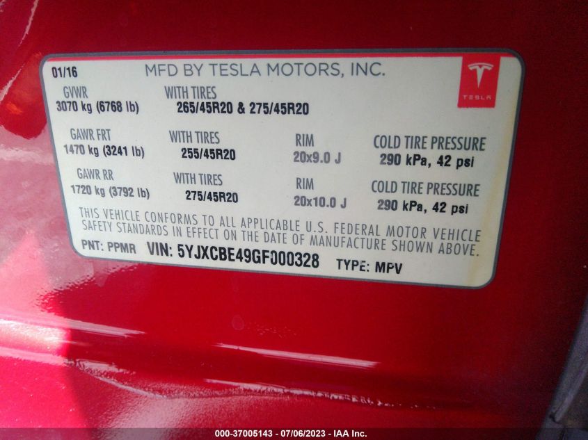 2016 TESLA MODEL X - 5YJXCBE49GF000328