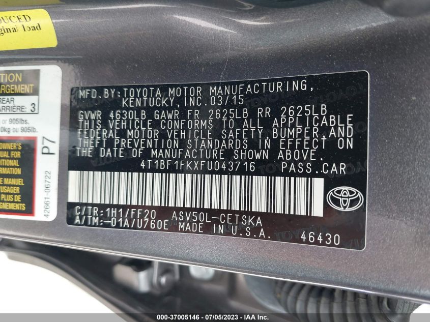 2015 TOYOTA CAMRY XLE/SE/LE/XSE - 4T1BF1FKXFU043716