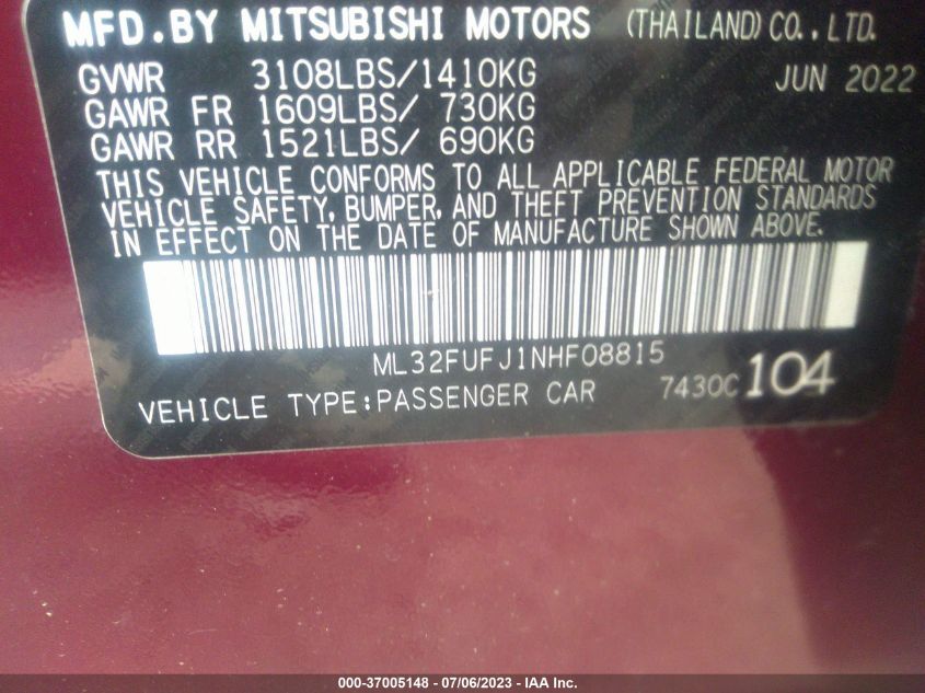 2022 MITSUBISHI MIRAGE G4 ES/LE/BLACK EDITION - ML32FUFJ1NHF08815