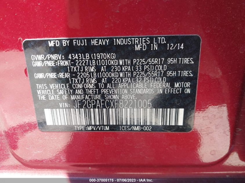 2015 SUBARU XV CROSSTREK PREMIUM - JF2GPAFCXF8221005