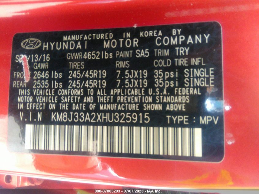 2017 HYUNDAI TUCSON SPORT - KM8J33A2XHU325915