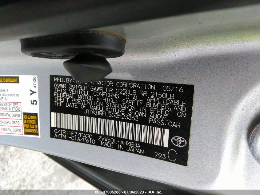 2016 TOYOTA PRIUS TWO - JTDKBRFU5G3523363