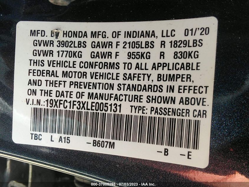 VIN 19XFC1F3XLE005131 2020 HONDA CIVIC EX