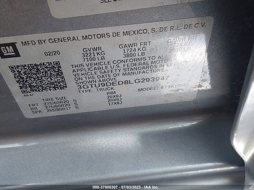 2020 GMC SIERRA 1500 SLT - 3GTU9DED8LG293947