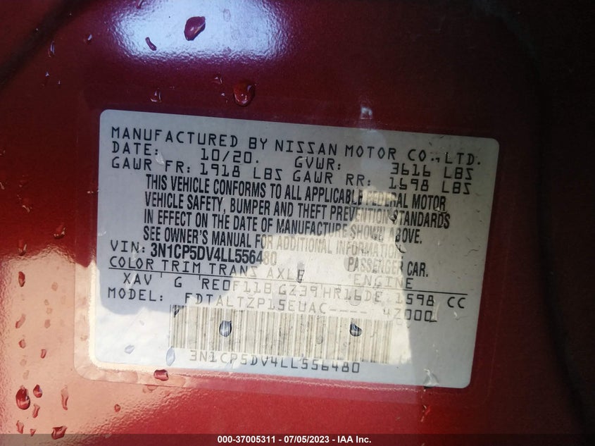 VIN 3N1CP5DV4LL556480 2020 NISSAN KICKS SR