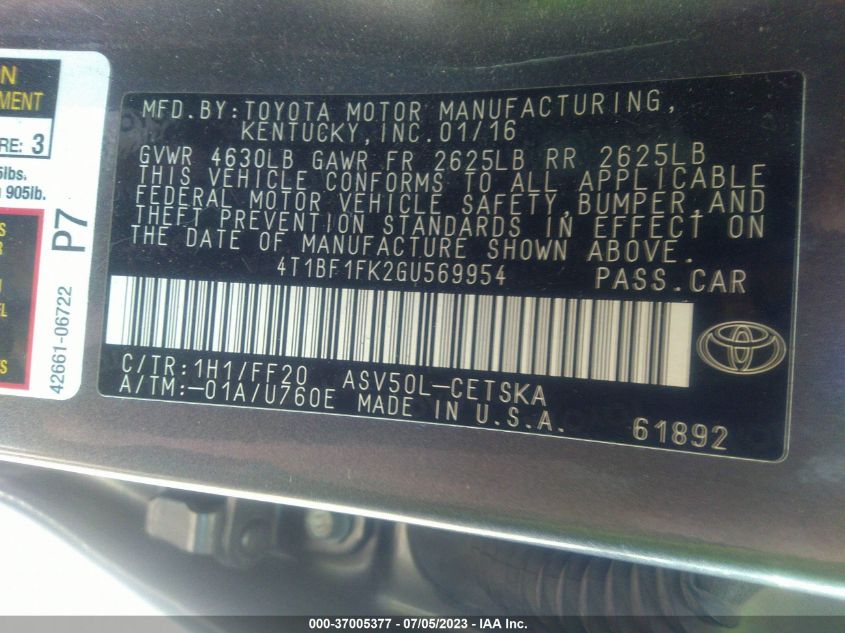 2016 TOYOTA CAMRY XLE/SE/LE/XSE - 4T1BF1FK2GU569954