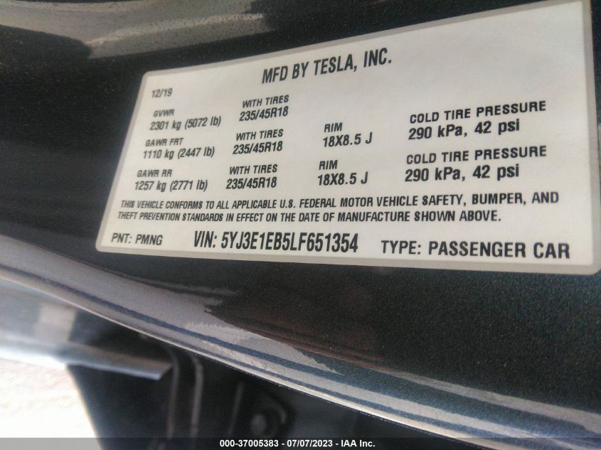 2020 TESLA MODEL 3 LONG RANGE - 5YJ3E1EB5LF651354