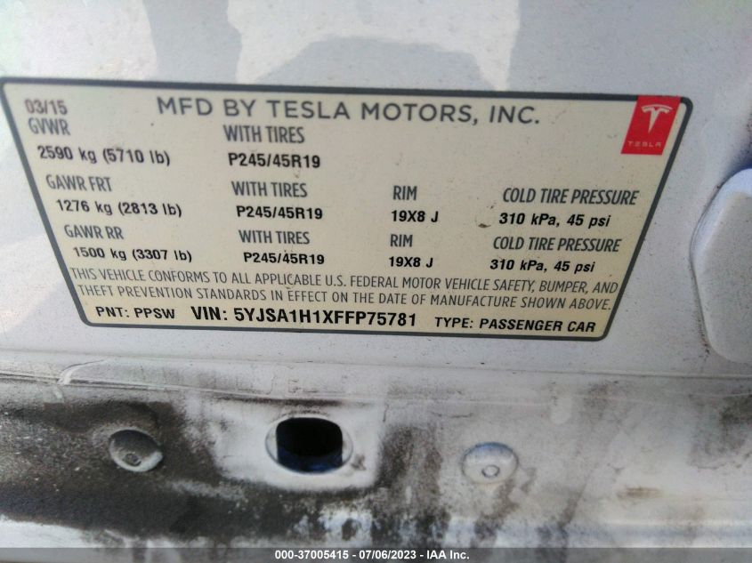 2015 TESLA MODEL S 85 - 5YJSA1H1XFFP75781
