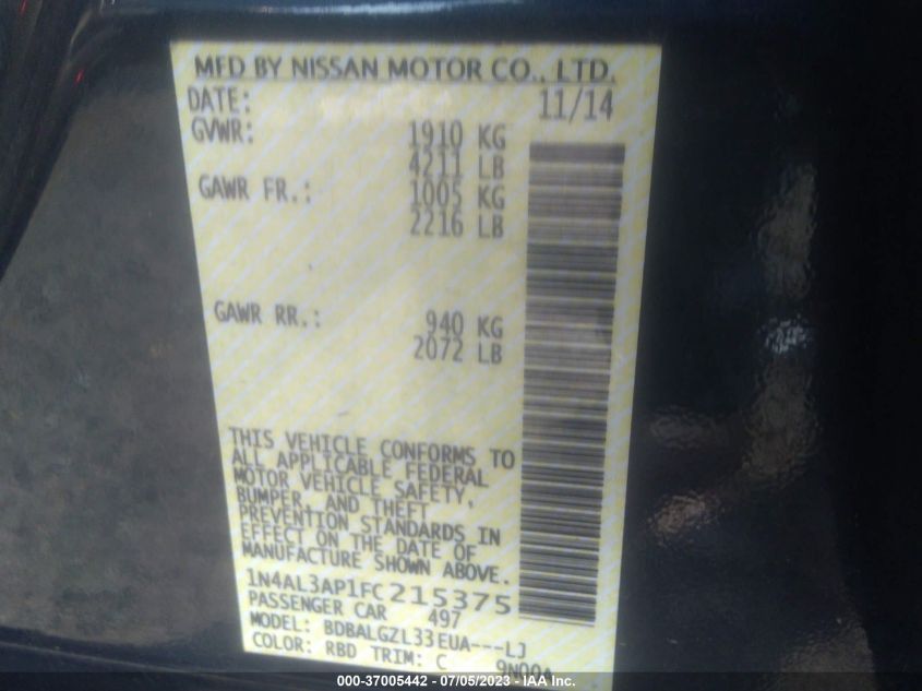 2015 NISSAN ALTIMA 2.5 S - 1N4AL3AP1FC215375