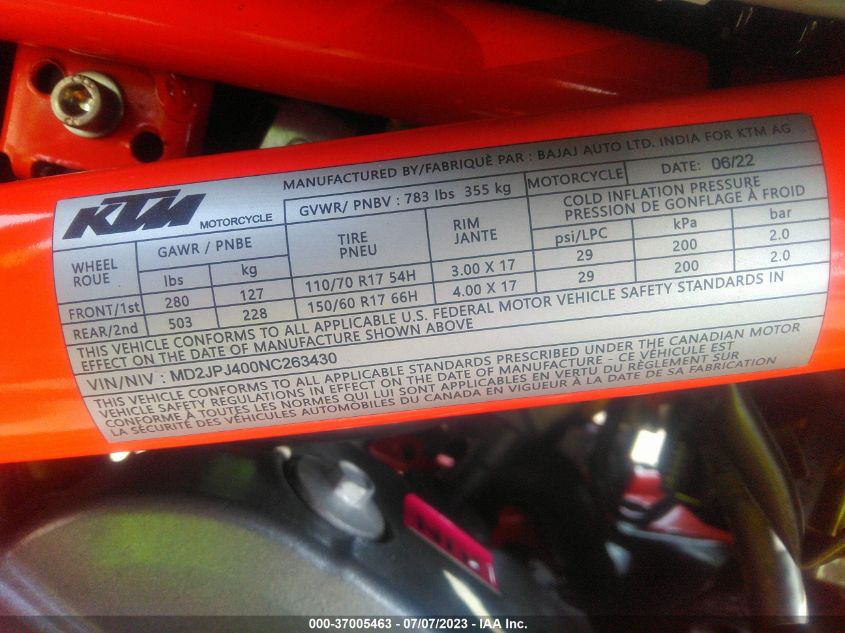 2022 KTM 390 DUKE MD2JPJ400NC263430