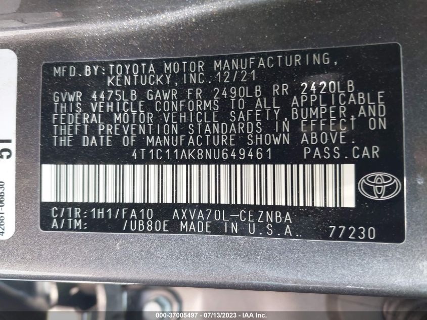 2022 TOYOTA CAMRY LE - 4T1C11AK8NU649461