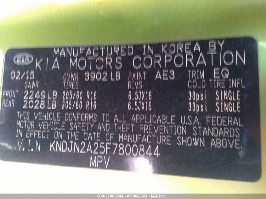2015 KIA SOUL BASE - KNDJN2A25F7800844