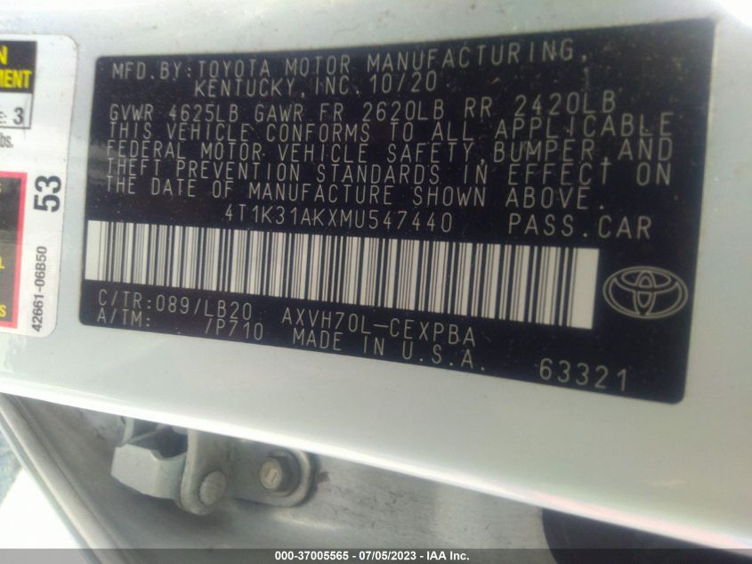 2021 TOYOTA CAMRY HYBRID XSE - 4T1K31AKXMU547440