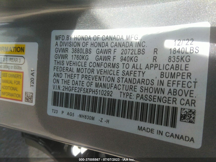 VIN 2HGFE2F5XPH510292 2023 HONDA CIVIC SEDAN SPORT