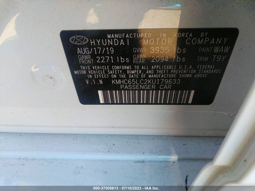 VIN KMHC65LC2KU179633 2019 HYUNDAI IONIQ HYBRID BLUE