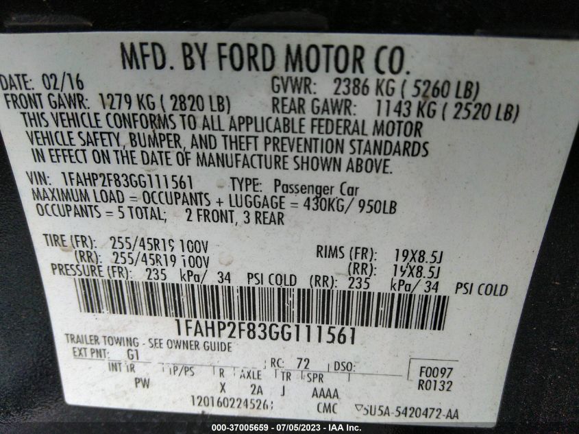 2016 FORD TAURUS LIMITED - 1FAHP2F83GG111561