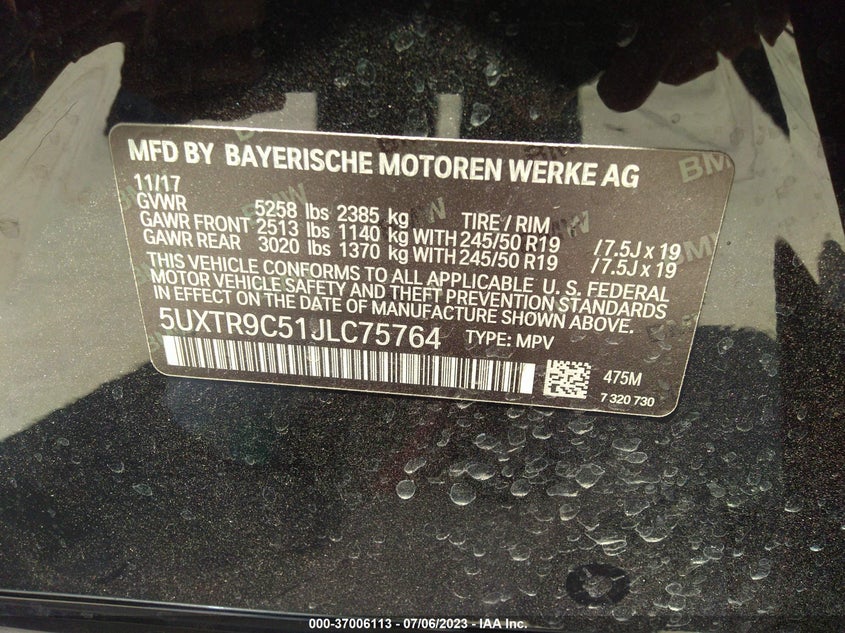 VIN 5UXTR9C51JLC75764 2018 BMW X3 XDRIVE30I