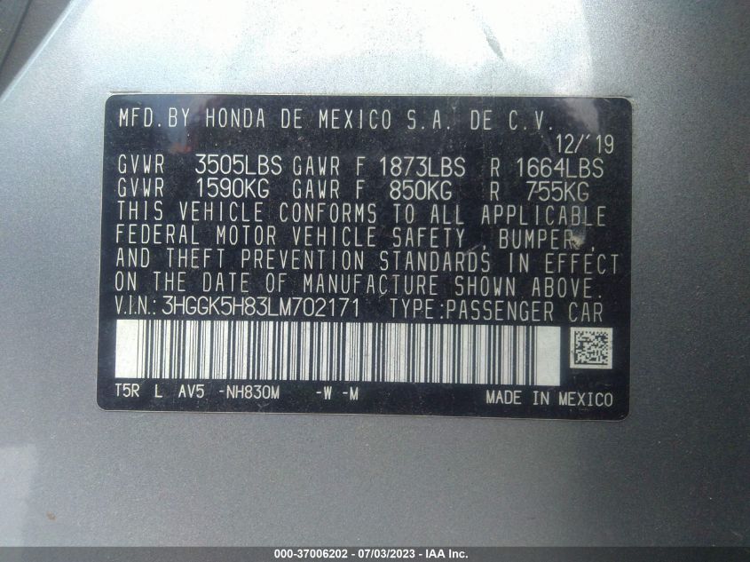 2020 HONDA FIT EX - 3HGGK5H83LM702171