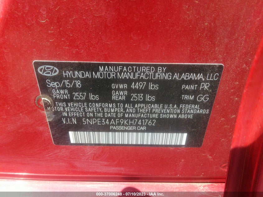 VIN 5NPE34AF9KH741762 2019 HYUNDAI SONATA SEL