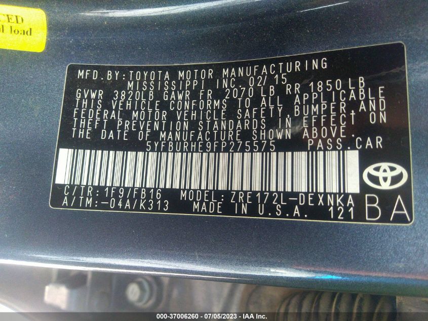 2015 TOYOTA COROLLA L/LE/S/S PLUS/LE PLUS - 5YFBURHE9FP275575