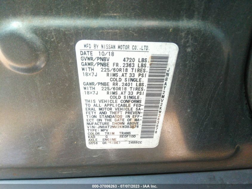 2019 NISSAN ROGUE SV - JN8AT2MV2KW383876