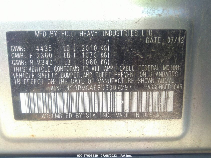 2013 SUBARU LEGACY 2.5I - 4S3BMCA68D3007297