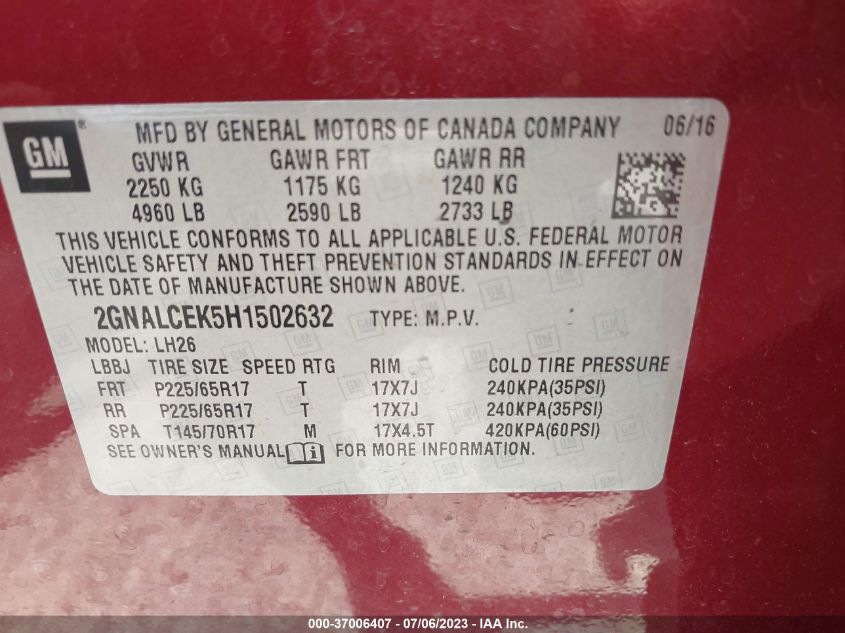 2017 CHEVROLET EQUINOX LT - 2GNALCEK5H1502632