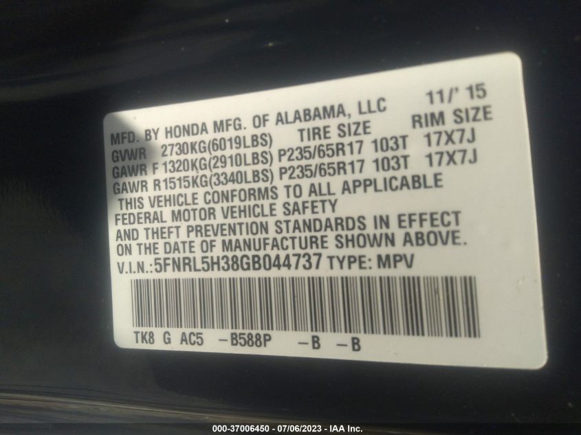 2016 HONDA ODYSSEY SE - 5FNRL5H38GB044737