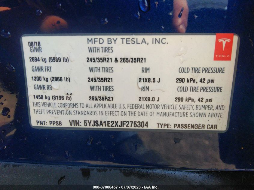2018 TESLA MODEL S 75D/100D/P100D - 5YJSA1E2XJF275304