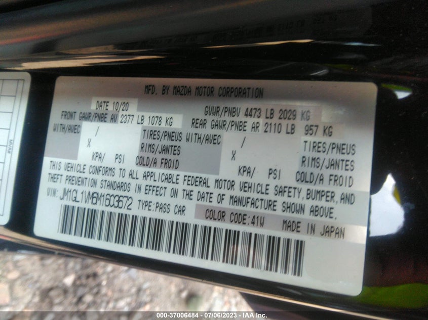 VIN JM1GL1VM6M1603672 2021 MAZDA MAZDA6 TOURING