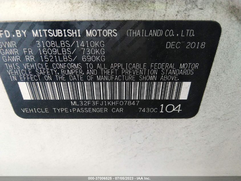 2019 MITSUBISHI MIRAGE G4 ES/RF - ML32F3FJ1KHF07847
