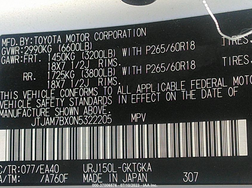 2022 LEXUS 460 PREMIUM JTJAM7BX0N5322205