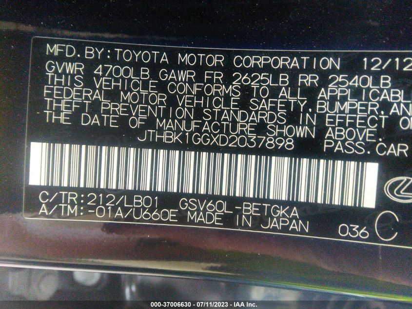 2013 LEXUS ES 350 4DR SDN - JTHBK1GGXD2037898
