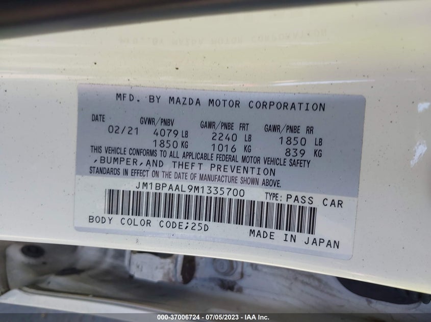 VIN JM1BPAAL9M1335700 2021 MAZDA MAZDA3 SEDAN 2.5 S
